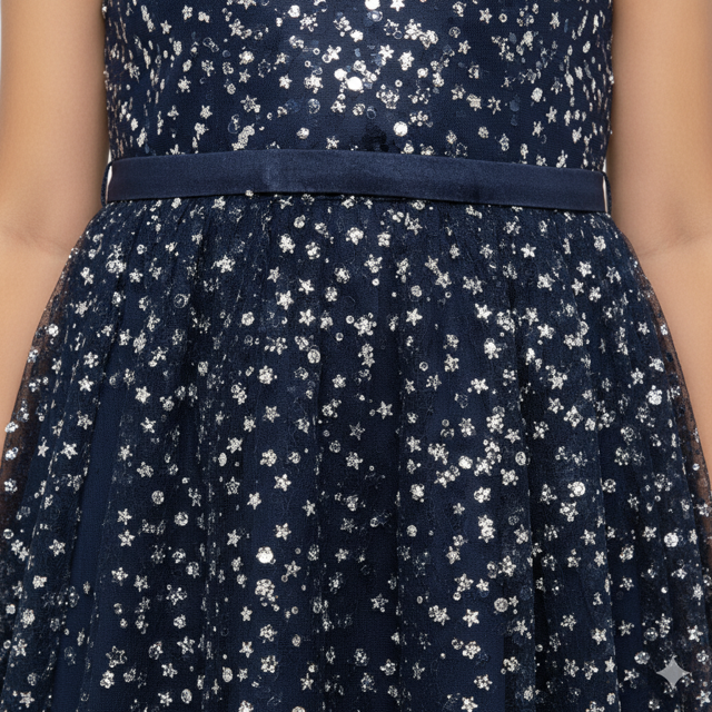 Midnight Blue Sequin Party Dress with Tulle - Image 2