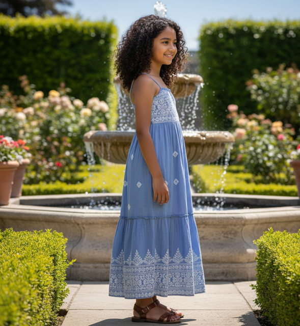 Powder Blue Cotton Maxi Dress with Elastic Waist - Image 2