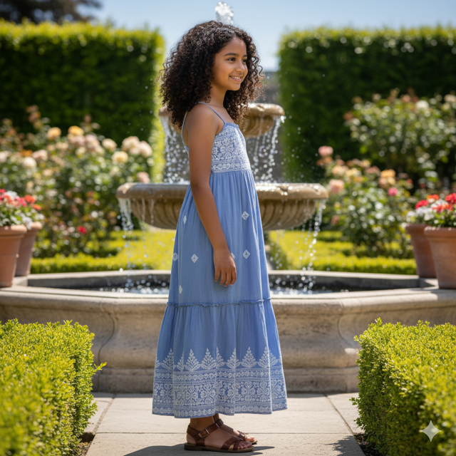 Powder Blue Cotton Maxi Dress with Elastic Waist - Image 2