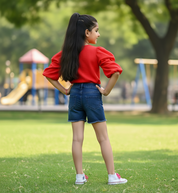 Red Cotton Blend Top with Puff Sleeves - Image 2