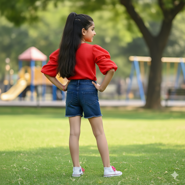 Red Cotton Blend Top with Puff Sleeves - Image 2