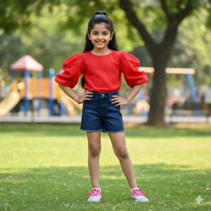 Red Cotton Blend Top with Puff Sleeves