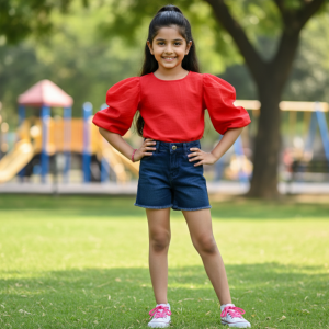 Red Cotton Blend Top with Puff Sleeves
