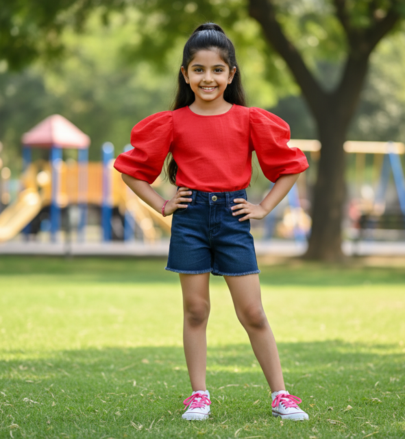 Red Cotton Blend Top with Puff Sleeves