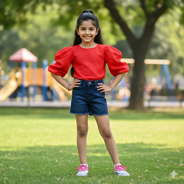 Red Cotton Blend Top with Puff Sleeves