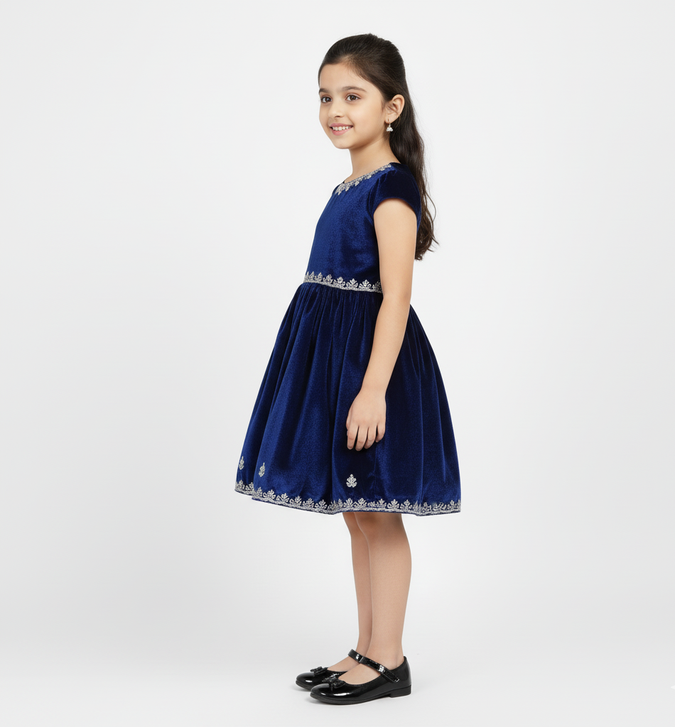 Navy Blue Velvet Party Dress with Hand Embroidered Details - Image 2