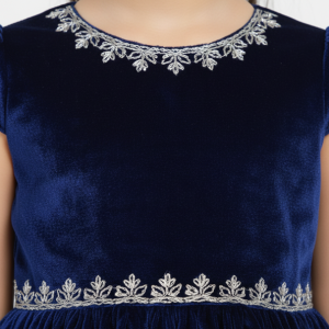 Navy Blue Velvet Party Dress with Hand Embroidered Details