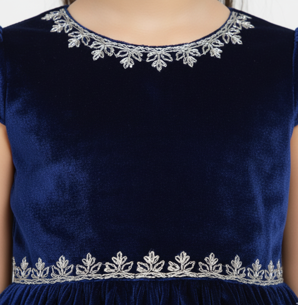 Navy Blue Velvet Party Dress with Hand Embroidered Details