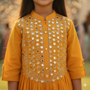 Yellow Cotton Mirror Work Kurta