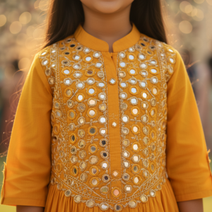 Yellow Cotton Mirror Work Kurta