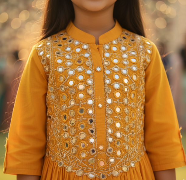Yellow Cotton Mirror Work Kurta