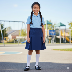 Navy Pleated Cotton Blend Skirt