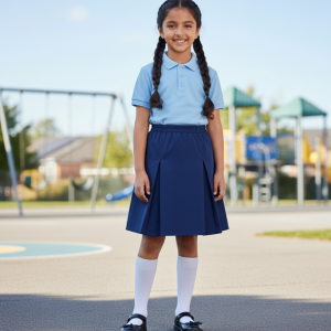 Navy Pleated Cotton Blend Skirt