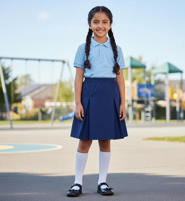 Navy Pleated Cotton Blend Skirt