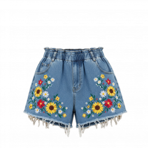 Denim Shorts with Flower Embroidery