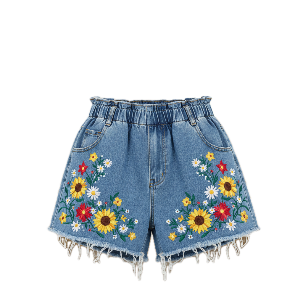 Denim Shorts with Flower Embroidery